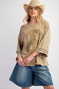 Easel Cotton Jersey Top with Peace Sign Patch Front in Olive