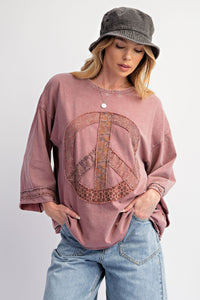 Easel Cotton Jersey Top with Peace Sign Patch Front in Mauve