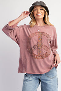 Easel Cotton Jersey Top with Peace Sign Patch Front in Mauve