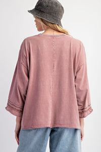 Easel Cotton Jersey Top with Peace Sign Patch Front in Mauve