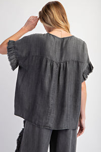 Easel Mineral Washed Loose Fit Top in Black Denim