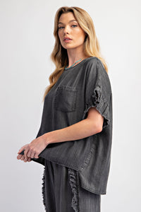 Easel Mineral Washed Loose Fit Top in Black Denim