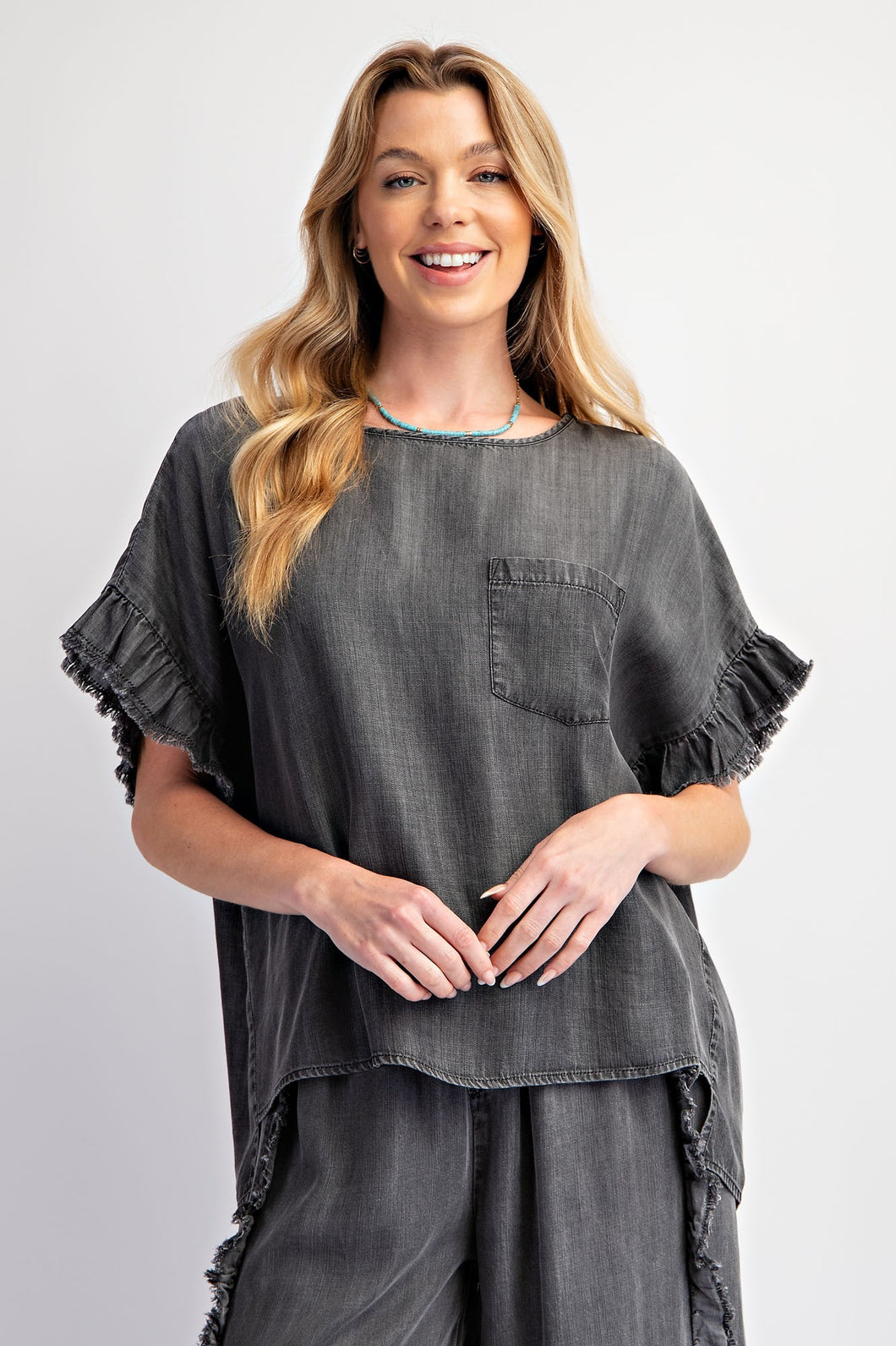 Easel Mineral Washed Loose Fit Top in Black Denim