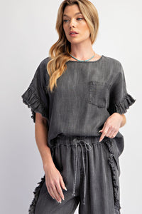 Easel Mineral Washed Loose Fit Top in Black Denim