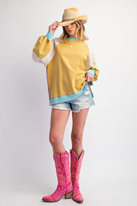 Easel Terry Knit Color Block Top in Mustard Combo