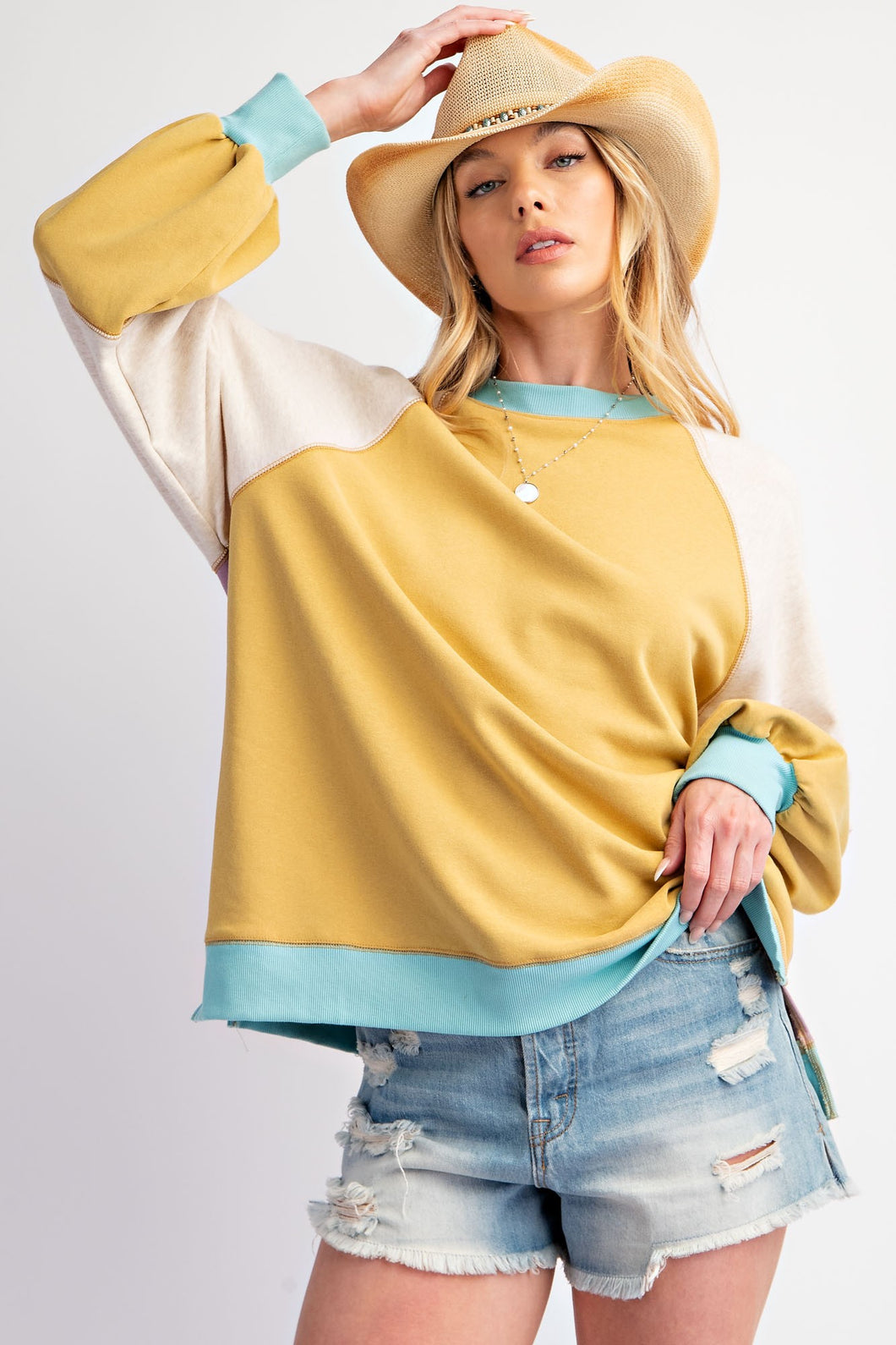 Easel Terry Knit Color Block Top in Mustard Combo