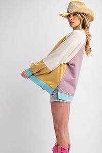 Easel Terry Knit Color Block Top in Mustard Combo