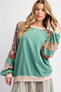 Easel Contrasting Color Top with Mixed Prints in Atlantis Green ON ORDER