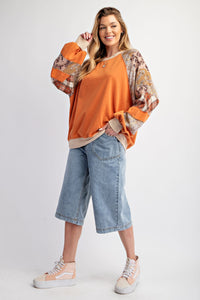 Easel Contrasting Color Top with Mixed Prints in Rust