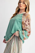 Load image into Gallery viewer, Easel Contrasting Color Top with Mixed Prints in Atlantis Green ON ORDER
