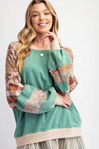 Easel Contrasting Color Top with Mixed Prints in Atlantis Green ON ORDER