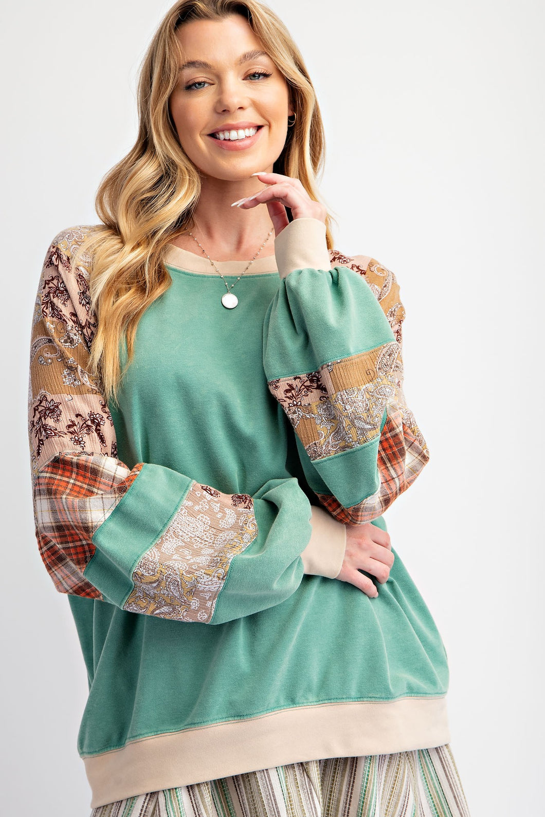 Easel Contrasting Color Top with Mixed Prints in Atlantis Green ON ORDER