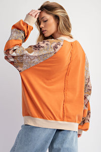 Easel Contrasting Color Top with Mixed Prints in Rust