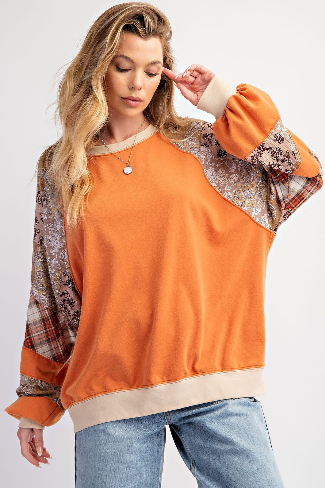 Easel Contrasting Color Top with Mixed Prints in Rust