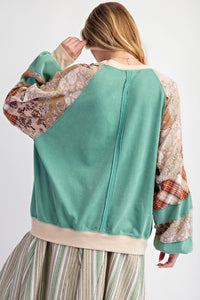 Easel Contrasting Color Top with Mixed Prints in Atlantis Green ON ORDER