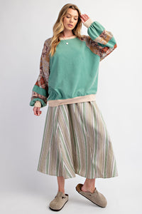 Easel Contrasting Color Top with Mixed Prints in Atlantis Green ON ORDER