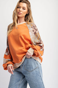 Easel Contrasting Color Top with Mixed Prints in Rust