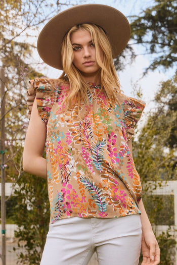 Oddi Geo Print Top in Taupe Multi