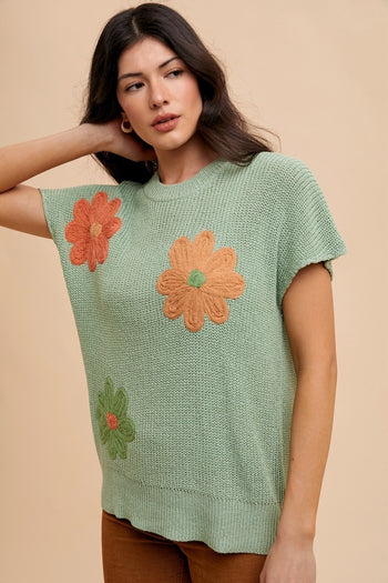 AnnieWear Lightweight Sweater Top with Large Flower Embroidery in Sage FINAL SALE