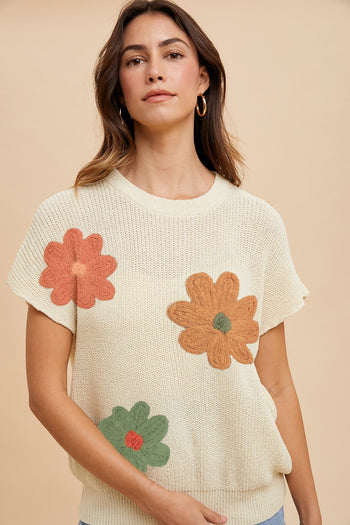 AnnieWear Lightweight Sweater Top with Large Flower Embroidery in Cream FINAL SALE
