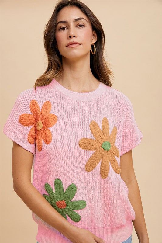 AnnieWear Lightweight Sweater Top with Large Flower Embroidery in Pink