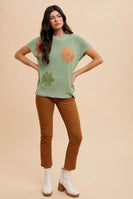 AnnieWear Lightweight Sweater Top with Large Flower Embroidery in Sage FINAL SALE