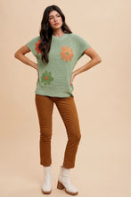 Load image into Gallery viewer, AnnieWear Lightweight Sweater Top with Large Flower Embroidery in Sage
