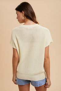 AnnieWear Lightweight Sweater Top with Large Flower Embroidery in Cream