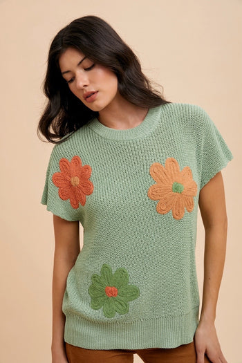 AnnieWear Lightweight Sweater Top with Large Flower Embroidery in Sage FINAL SALE