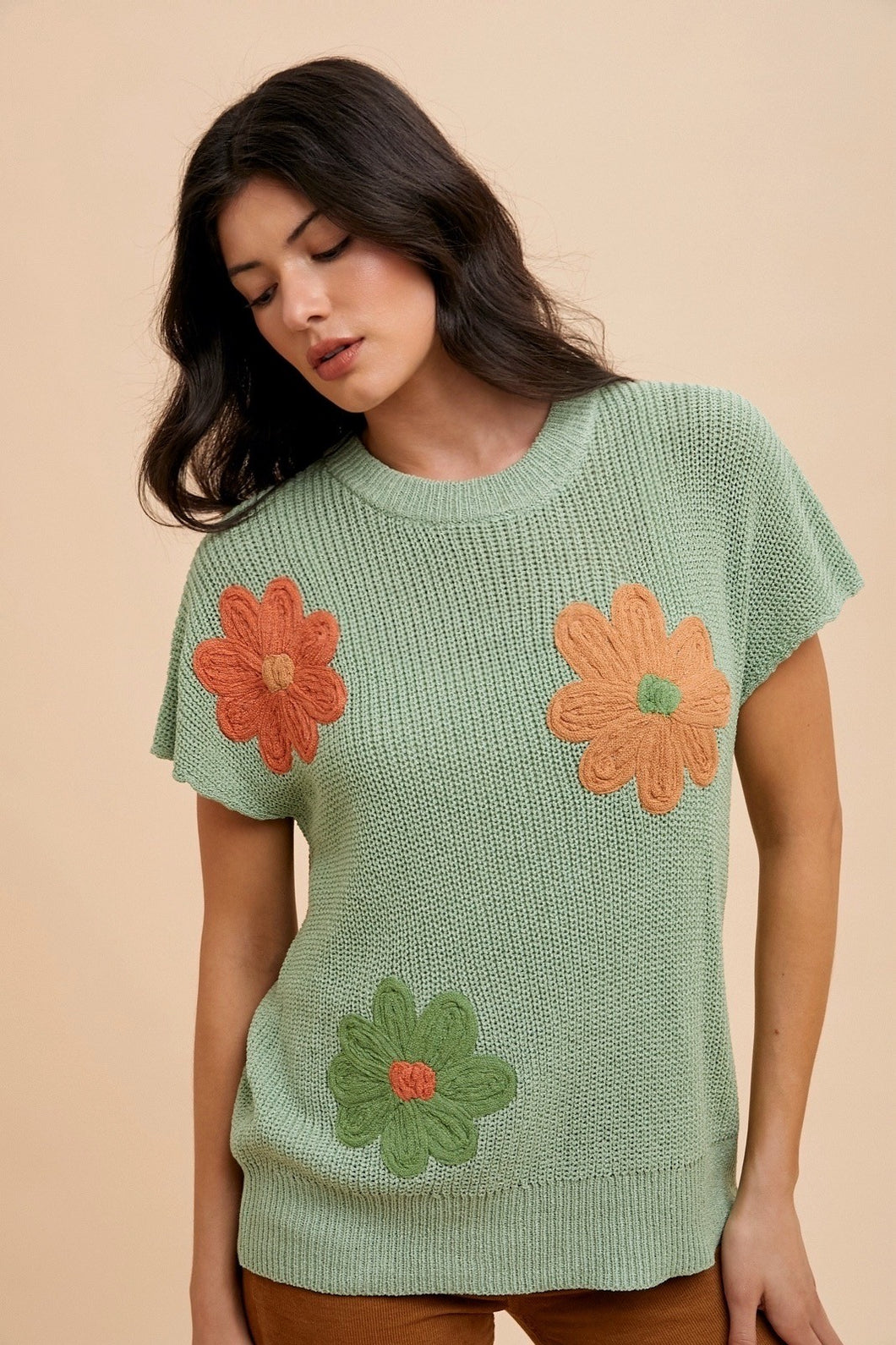 AnnieWear Lightweight Sweater Top with Large Flower Embroidery in Sage