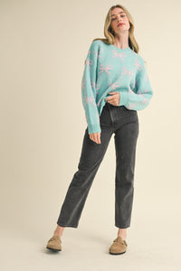 &merci Diamond Ribbon Bow Pattern Knit Sweater in Teal Pink