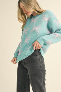 &merci Diamond Ribbon Bow Pattern Knit Sweater in Teal Pink