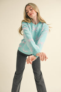 &merci Diamond Ribbon Bow Pattern Knit Sweater in Teal Pink