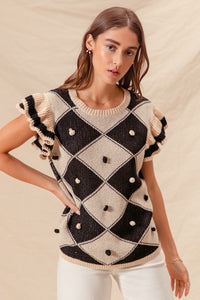 So Me Contrasting Colors Argyle Pattern Sweater Top in Oatmeal/Black