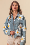 BiBi Corduroy Jacket with White Flower Crochet Patches in Vintage Denim