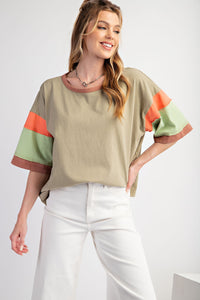 Easel Color Block Sleeves Top in Sage