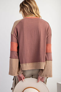 Easel Color Block Top with Flower Patch in Red Bean