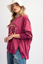 Load image into Gallery viewer, Easel Terry Knit Top with Floral Peace Sign Patch on Faded Plum
