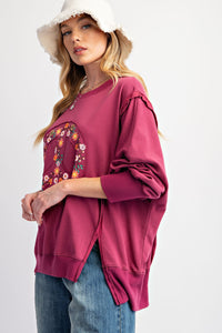 Easel Terry Knit Top with Floral Peace Sign Patch on Faded Plum