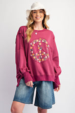 Load image into Gallery viewer, Easel Terry Knit Top with Floral Peace Sign Patch on Faded Plum
