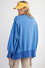 Load image into Gallery viewer, Easel Terry Knit Top with Floral Peace Sign Patch on Cadet Blue
