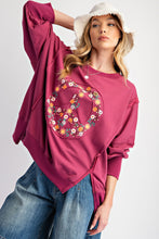 Load image into Gallery viewer, Easel Terry Knit Top with Floral Peace Sign Patch on Faded Plum
