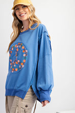 Load image into Gallery viewer, Easel Terry Knit Top with Floral Peace Sign Patch on Cadet Blue
