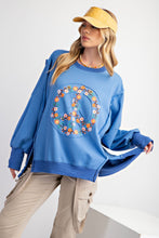 Load image into Gallery viewer, Easel Terry Knit Top with Floral Peace Sign Patch on Cadet Blue
