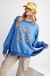 Easel Terry Knit Top with Floral Peace Sign Patch on Cadet Blue