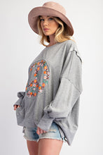 Load image into Gallery viewer, Easel Terry Knit Top with Floral Peace Sign Patch on Heather Grey
