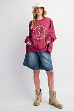 Load image into Gallery viewer, Easel Terry Knit Top with Floral Peace Sign Patch on Faded Plum
