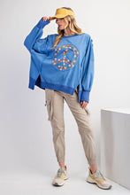 Load image into Gallery viewer, Easel Terry Knit Top with Floral Peace Sign Patch on Cadet Blue
