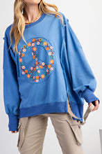 Load image into Gallery viewer, Easel Terry Knit Top with Floral Peace Sign Patch on Cadet Blue
