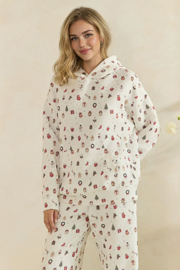 Veveret Cozy Holiday Print Lounge Hoodie in White Combo